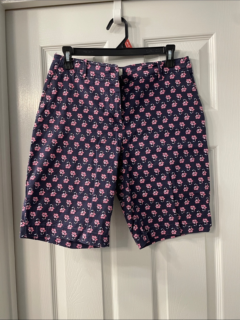 Women’s Navy Blue Floral Print Shorts - Pink Accent 9 inch inseam